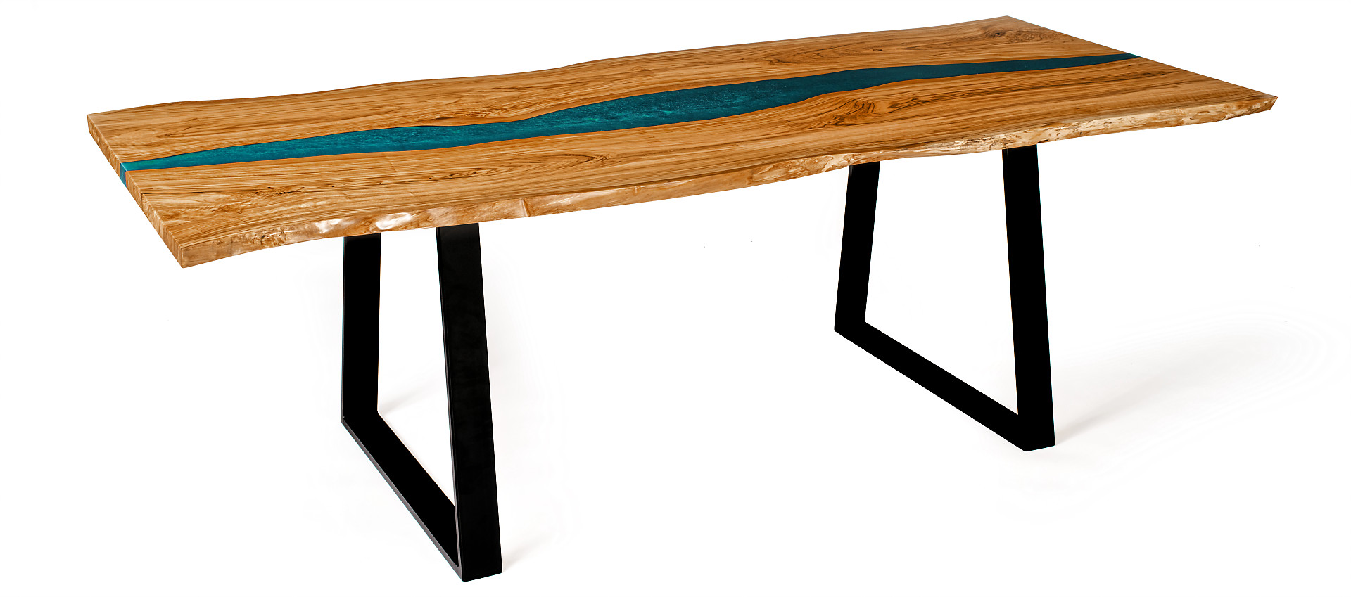 Despoina - olivový stůl s epoxidovou pryskyřicí petrolejové barvy