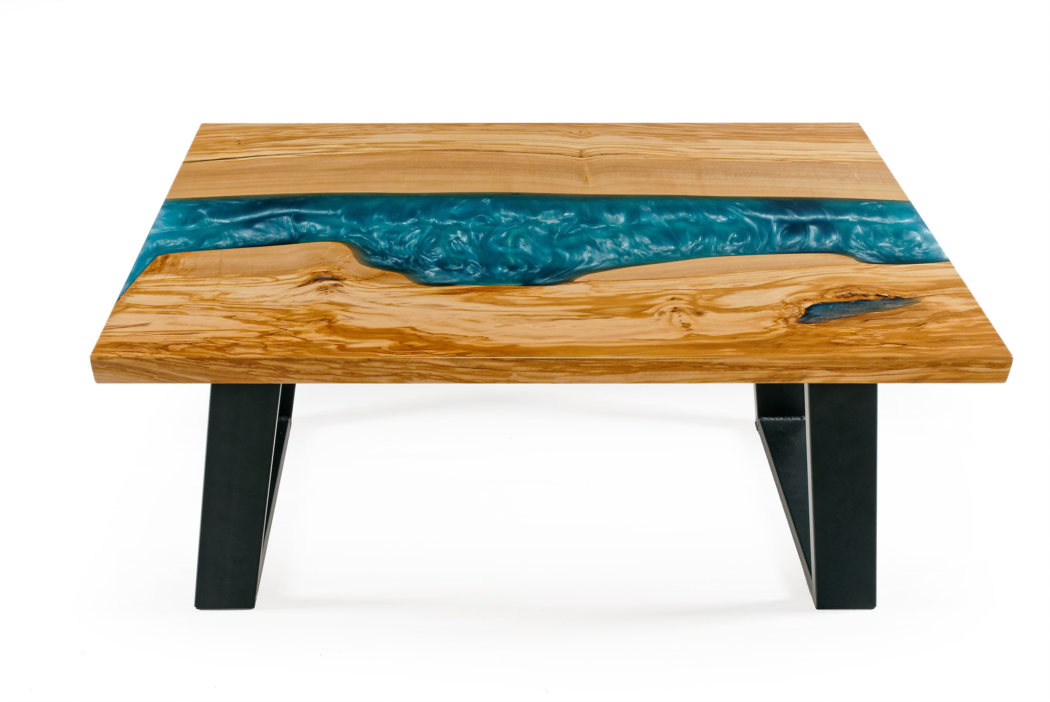 Damara - stůl z olivového dřeva s modrou epoxidovou pryskyřicí