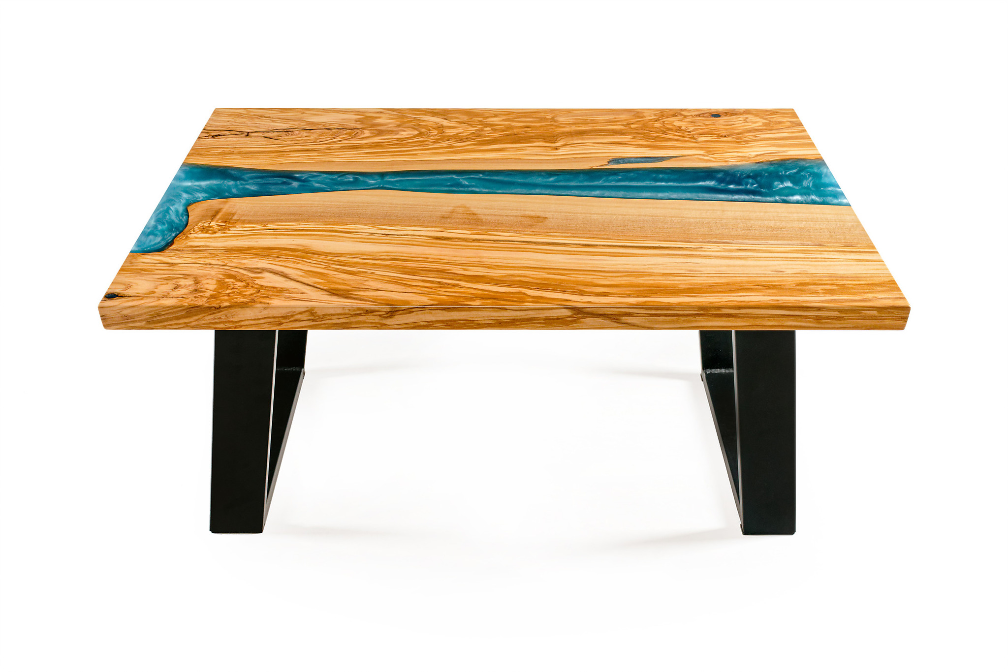 Damona - stůl z olivového dřeva s modrou epoxidovou pryskyřicí