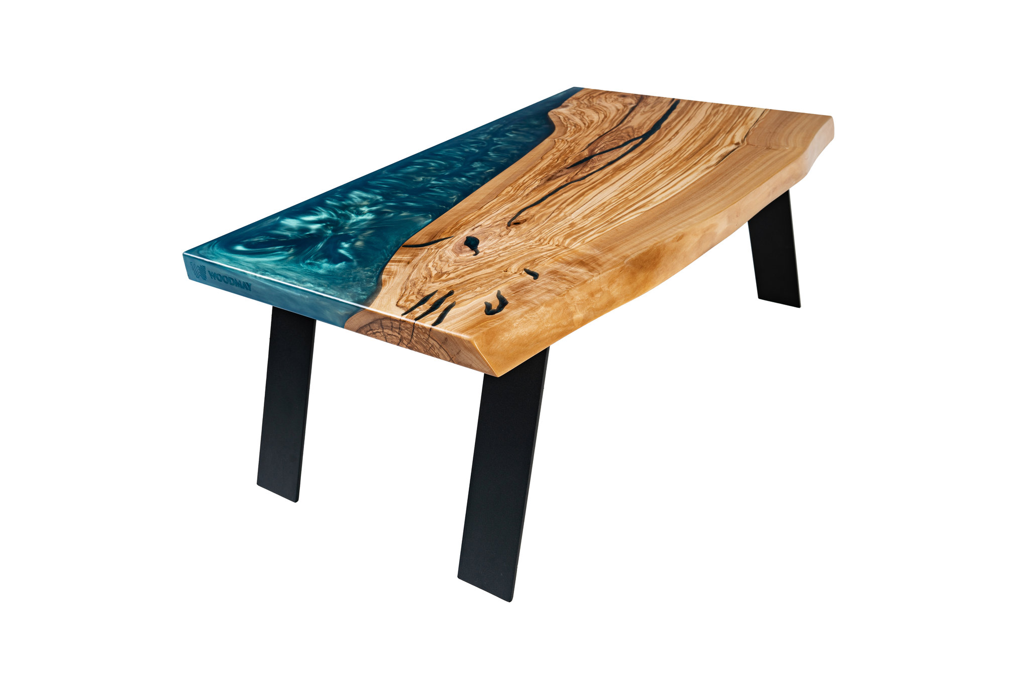 Konferenční stolek Bec z olivového dřeva s modrou pryskyřicí.